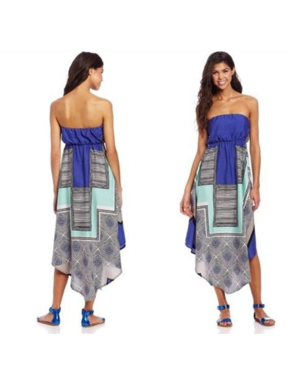 Women's Roxy Flowy Strapless Handkerchief Dress XL Blue White Geo Cinch Waist